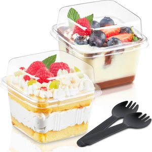 Birchmont 50 Pack 8 oz Plastic Dessert Cups with Lids and Sporks, Clear