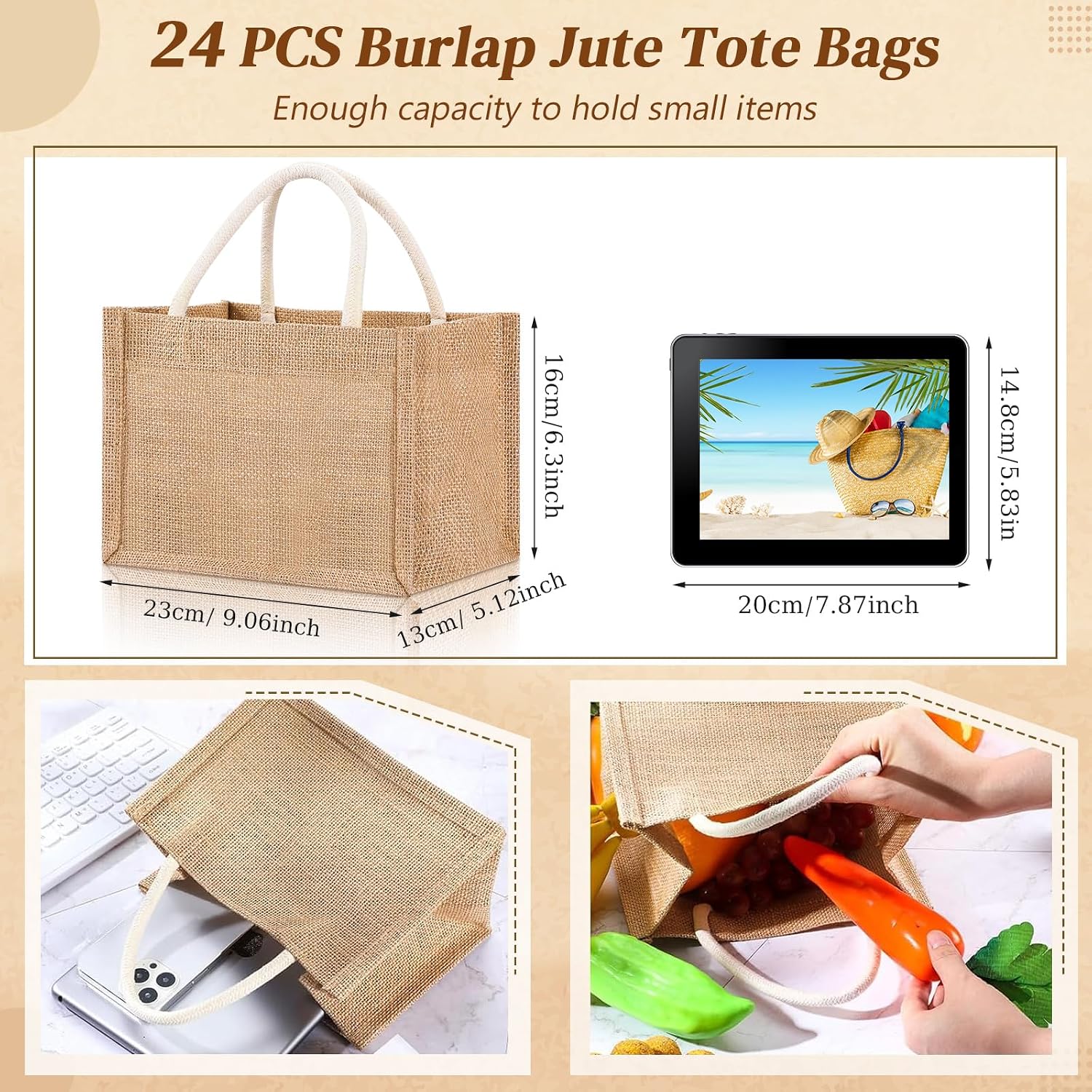 Ashenby 24 Pcs Mini Burlap Tote Bag Blank, 9.06 x 6.3 x 5.12, Classic, Jute