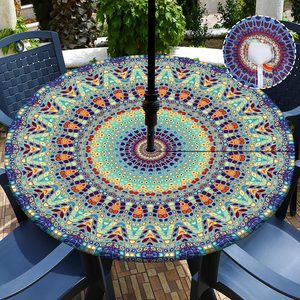 Aldernest Outdoor Tablecloth with Umbrella Hole Waterproof Round Fitted Tablecloth with Elastic Zippered Wipeable Table Cloth Round Cover for Picnic