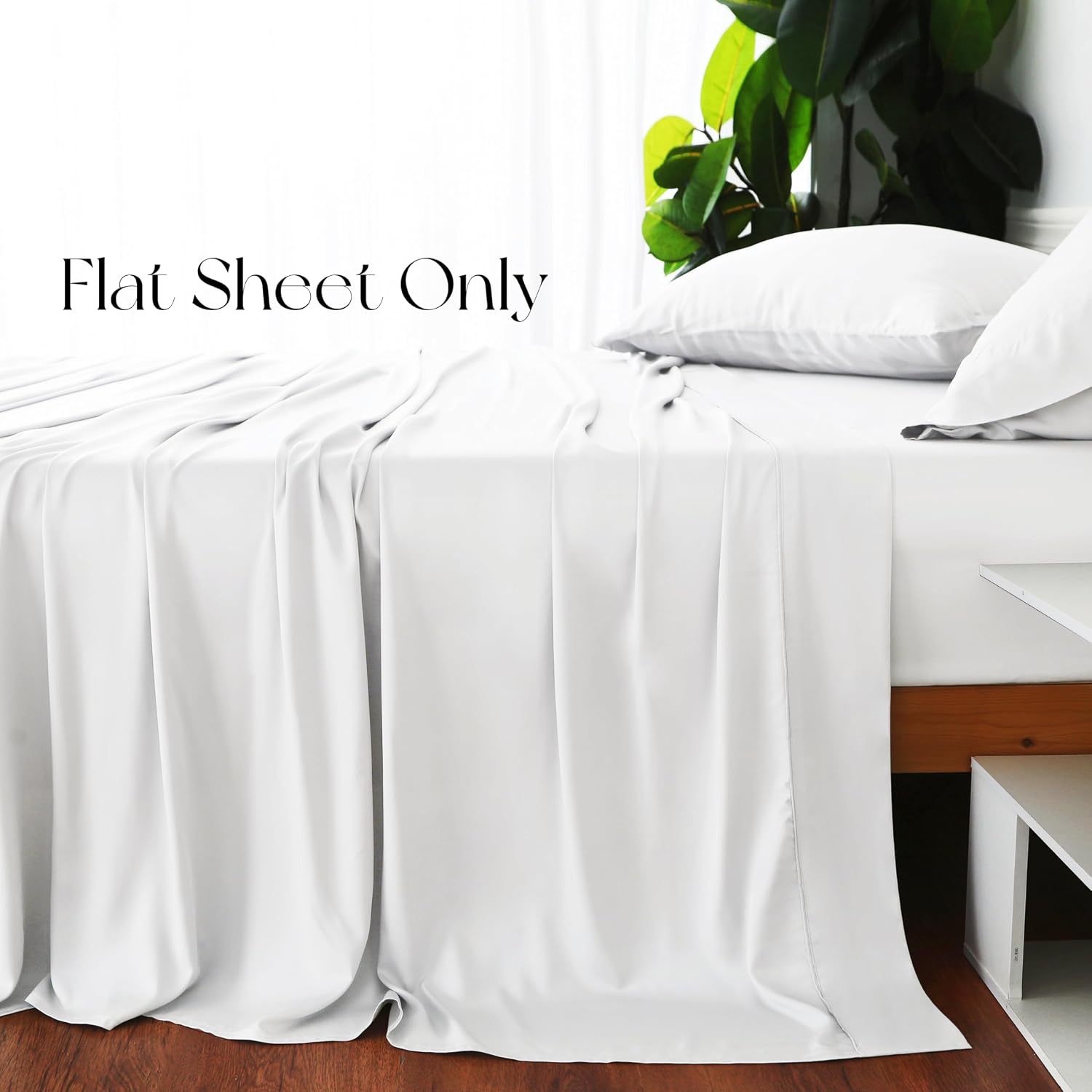 Aldernest Bamboo Viscose Flat Sheets Only, 400 Thread Count Sateen Weave King Size Flat Sheet Only, White
