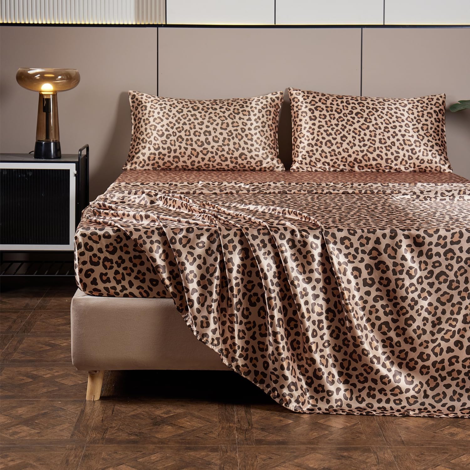 Aldernest 4 Piece Queen Size Satin Bed Sheet Set Deep Pocket Golden Leopard Pattern Luxury Silky Super Soft 1 Flat Sheet 1 Fitted Sheet 2 Envelope