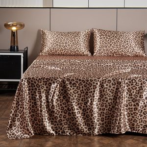 Aldernest 4 Piece Queen Size Satin Bed Sheet Set Deep Pocket Golden Leopard Pattern Luxury Silky Super Soft 1 Flat Sheet 1 Fitted Sheet 2 Envelope