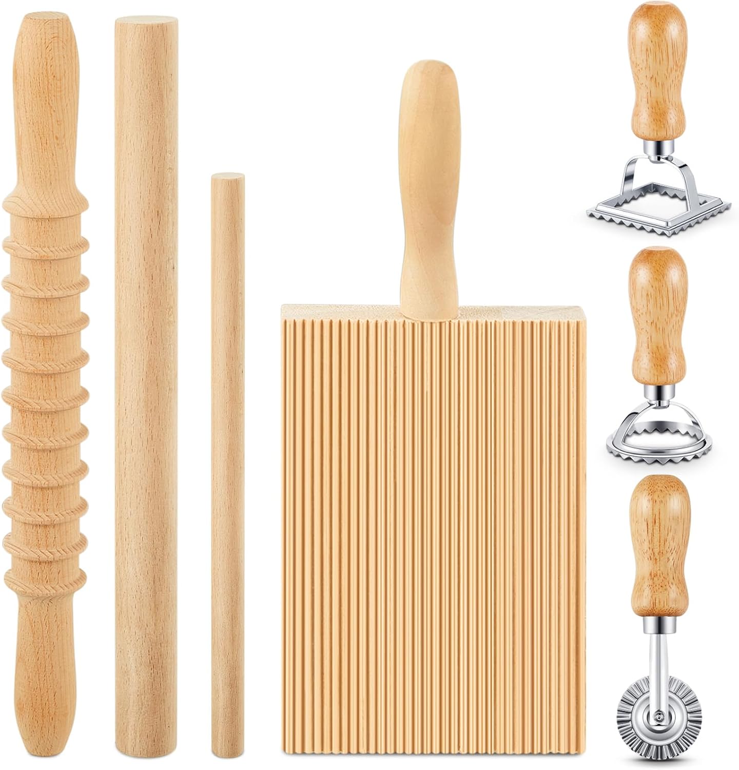 Ashenby 7 Pcs Wooden Gnocchi Board Ravioli Maker Pasta Making Tools Gifts, 1.3 pounds, Natural Wood