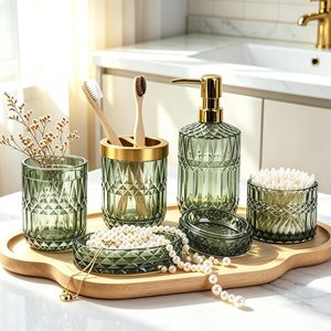 Aldernest Green Glass Bathroom Accessories Set 5 Pcs