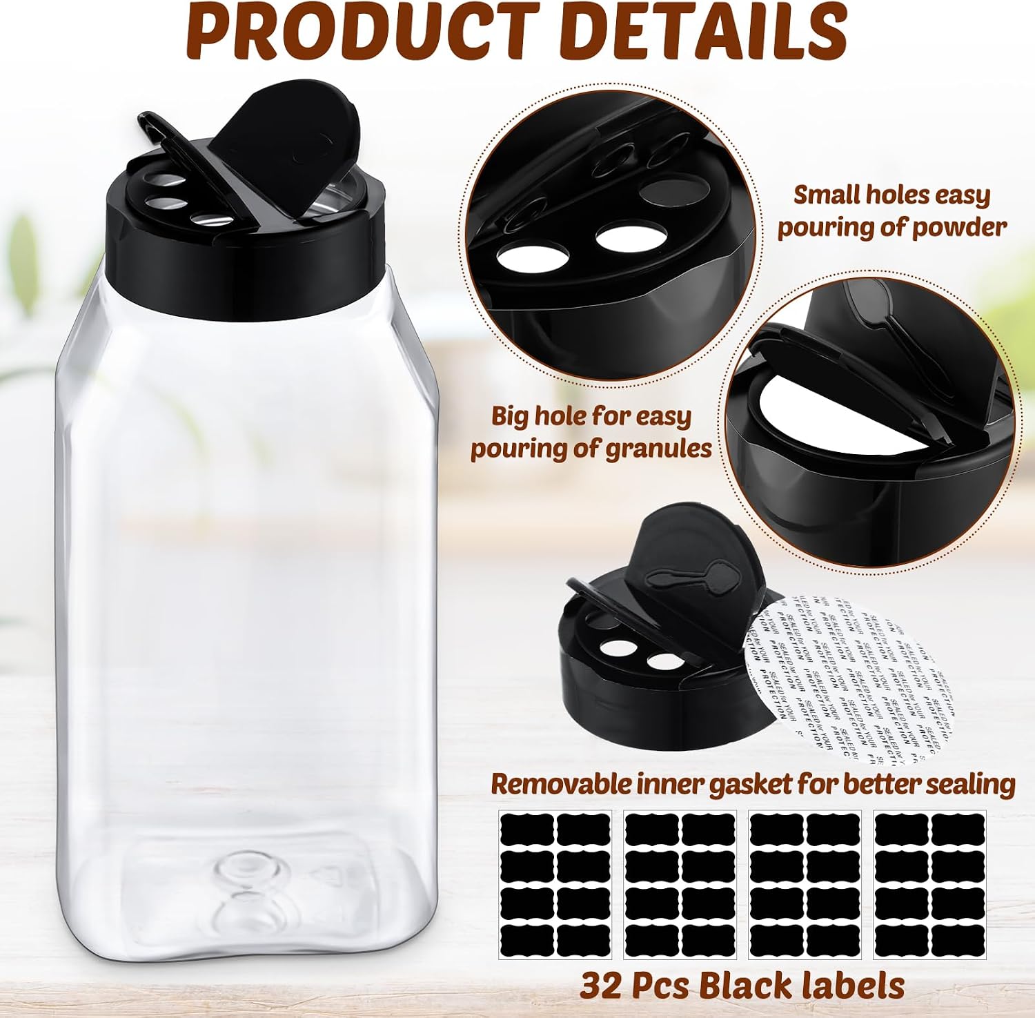 Aldernest 28 Pack 16 oz Black Plastic Spice Jars with Cap, 3.3 pounds