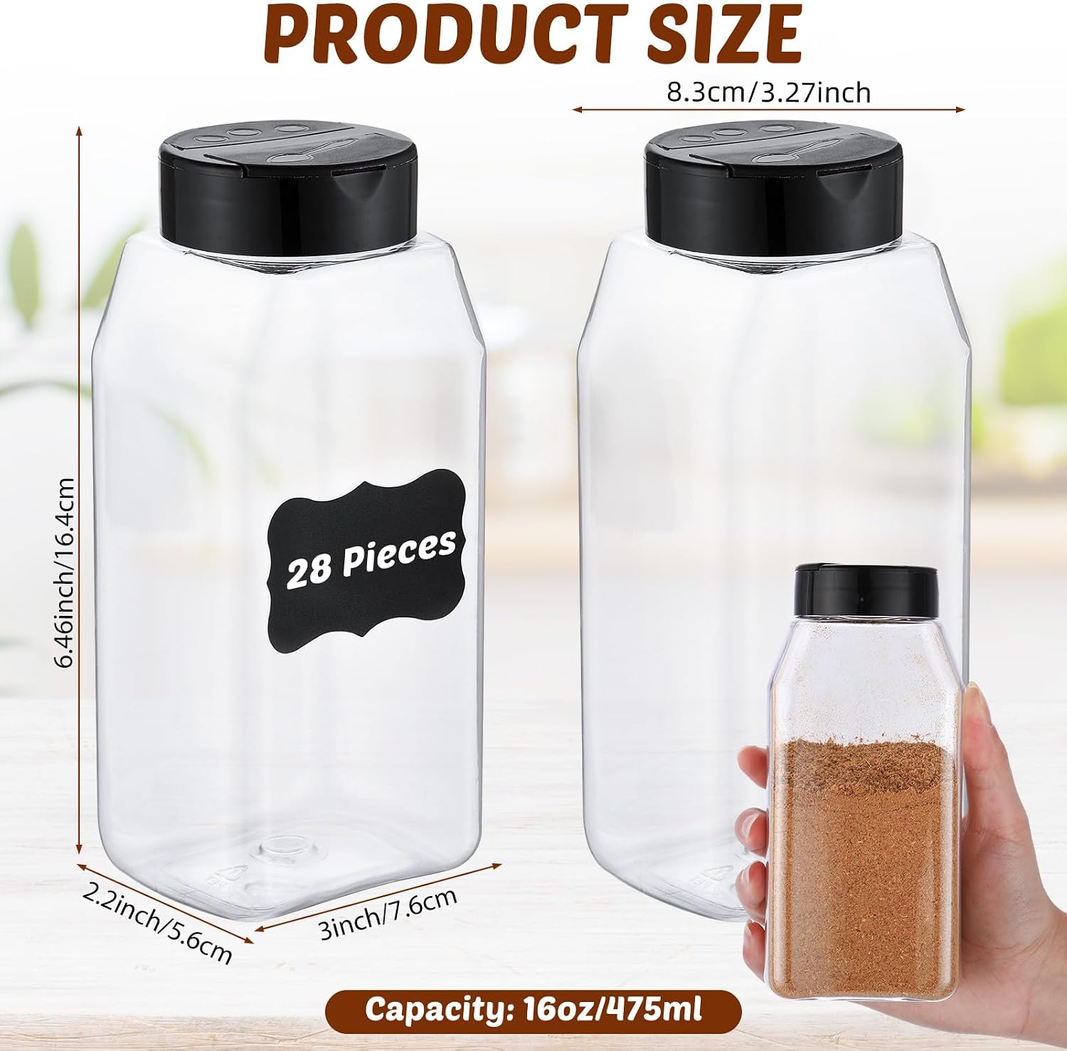 Aldernest 28 Pack 16 oz Black Plastic Spice Jars with Cap, 3.3 pounds