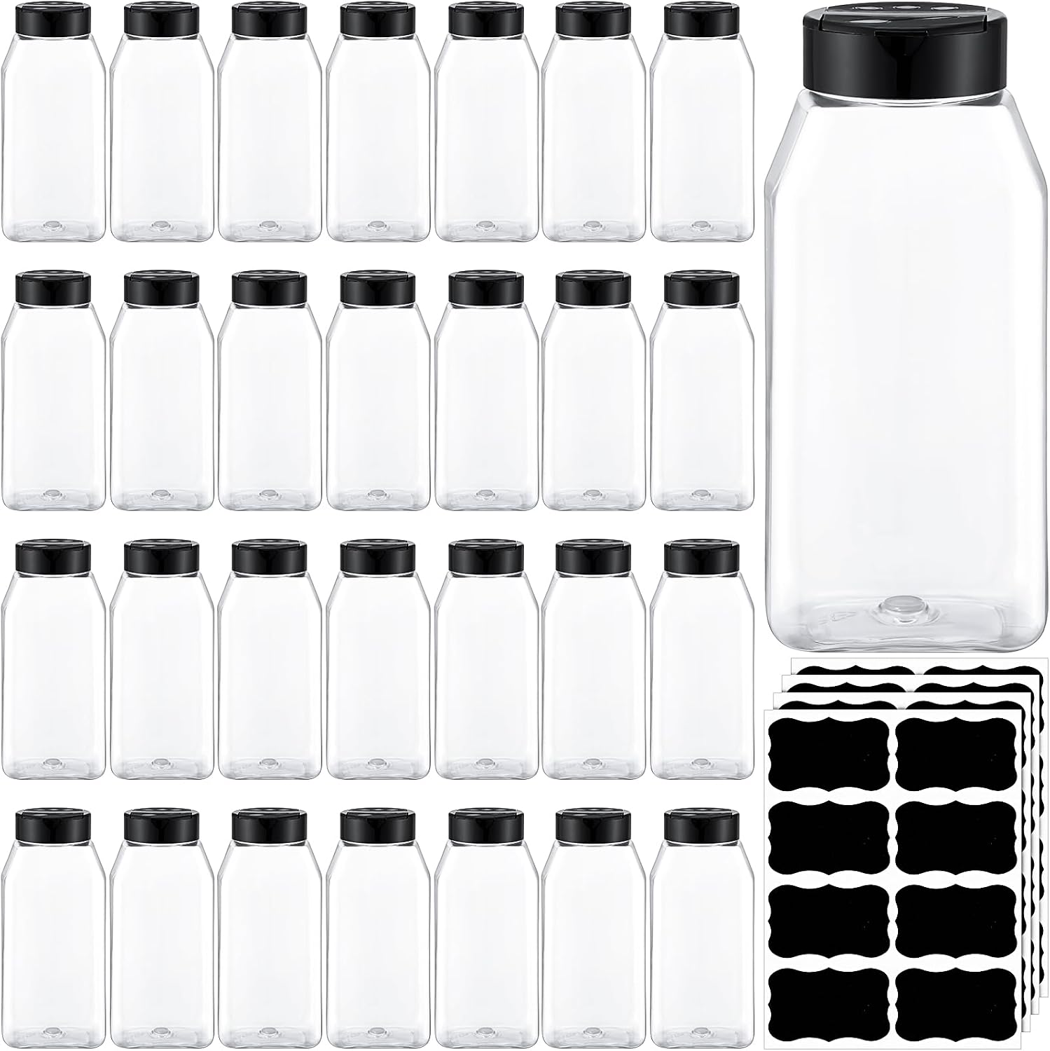 Aldernest 28 Pack 16 oz Black Plastic Spice Jars with Cap, 3.3 pounds