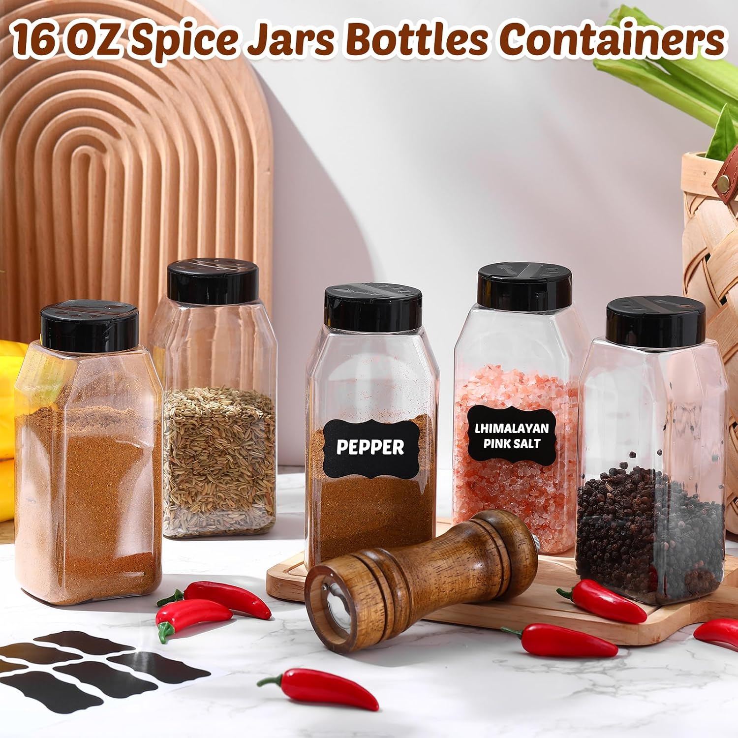 Aldernest 28 Pack 16 oz Black Plastic Spice Jars with Cap, 3.3 pounds