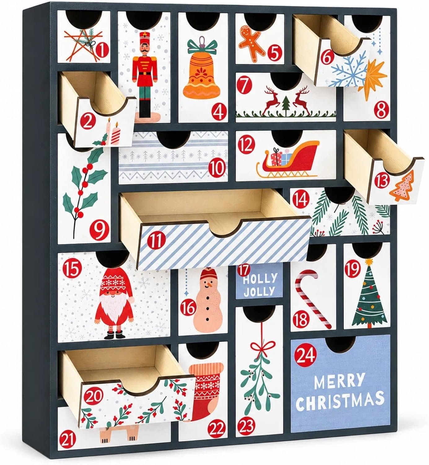 Aldernest 2026 wooden reusable empty advent calendar to fill with drawers, 1.5 milligrams, white and red