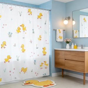Aldernest Cute Duck Shower Curtain Kids Boys Girls Cartoon Flowers Leaves Waterproof Curtain Farmhouse Animals Plants Bathroom Curtain Teens Adult