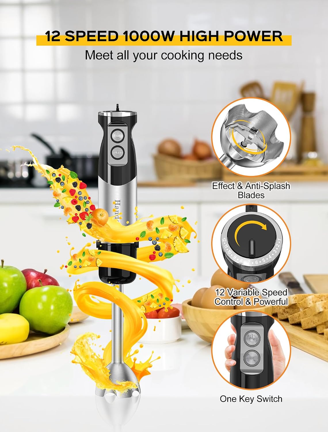 Aldernest 6-in-1 Hand Immersion Blender, 1000W 12 Speed Handheld Blender with 600ml Beaker, 1.5 pounds, Black