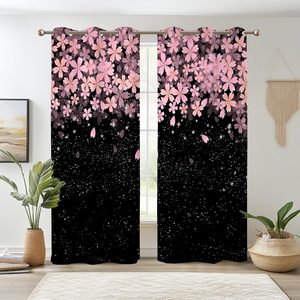 Rowanmere Pink Cherry Blossom Blackout Curtains for Bedroom 2 Panels 63" L x 42" W, Black & Pink