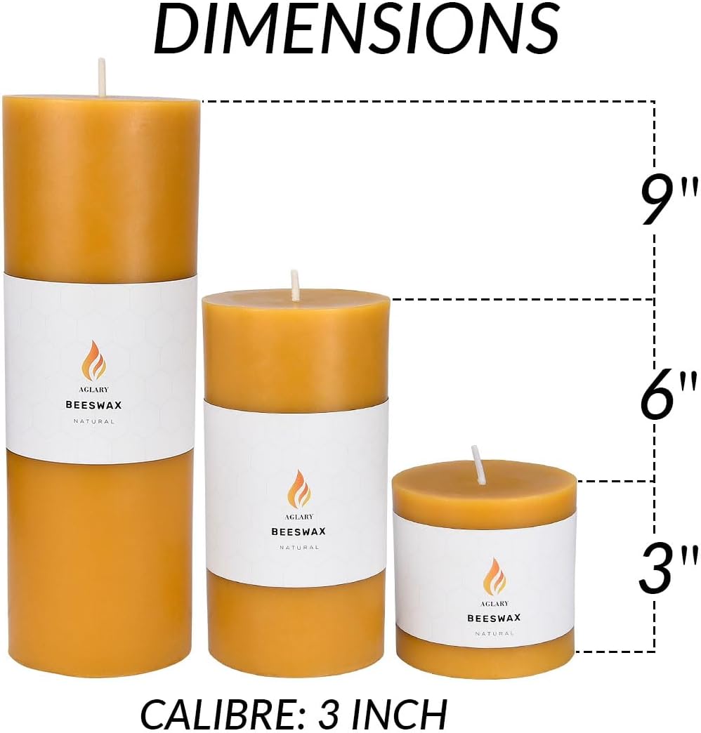 VelloHome 3x6 Pure Beeswax Pillar Candle, Natural Raw, Cotton Wick, Long Burn, 0.64 kg, Yellow