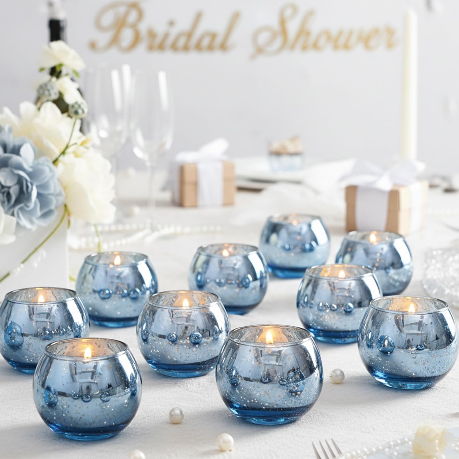 Ashenby 24 Pcs Blue Votive Candle Holders- Blue Centerpieces for Tables