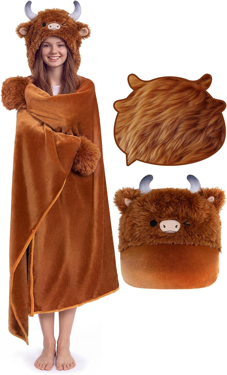 Ashenby Highland Cow Gifts Wearable Blanket Hoodie Soft Highland Cow Blanket, 51 Inch