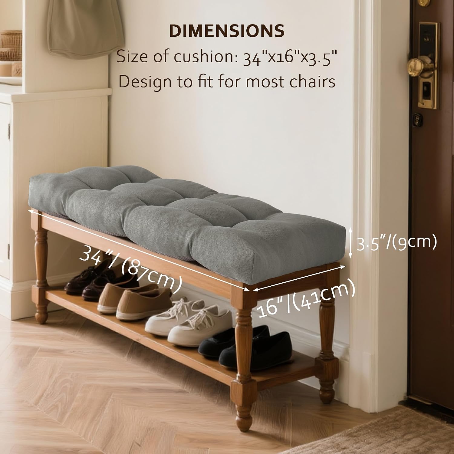 Aldernest Non Slip Tufted Bench Cushion for Indoor Furniture 34"x16" Grey, 1.63 kg, 34x16x3.5 Inch