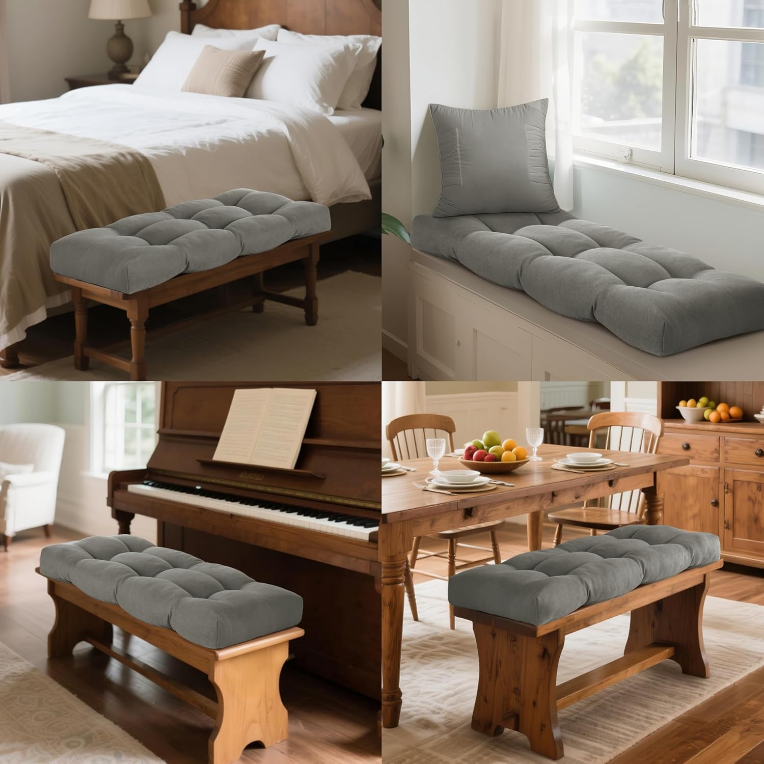 Aldernest Non Slip Tufted Bench Cushion for Indoor Furniture 34"x16" Grey, 1.63 kg, 34x16x3.5 Inch