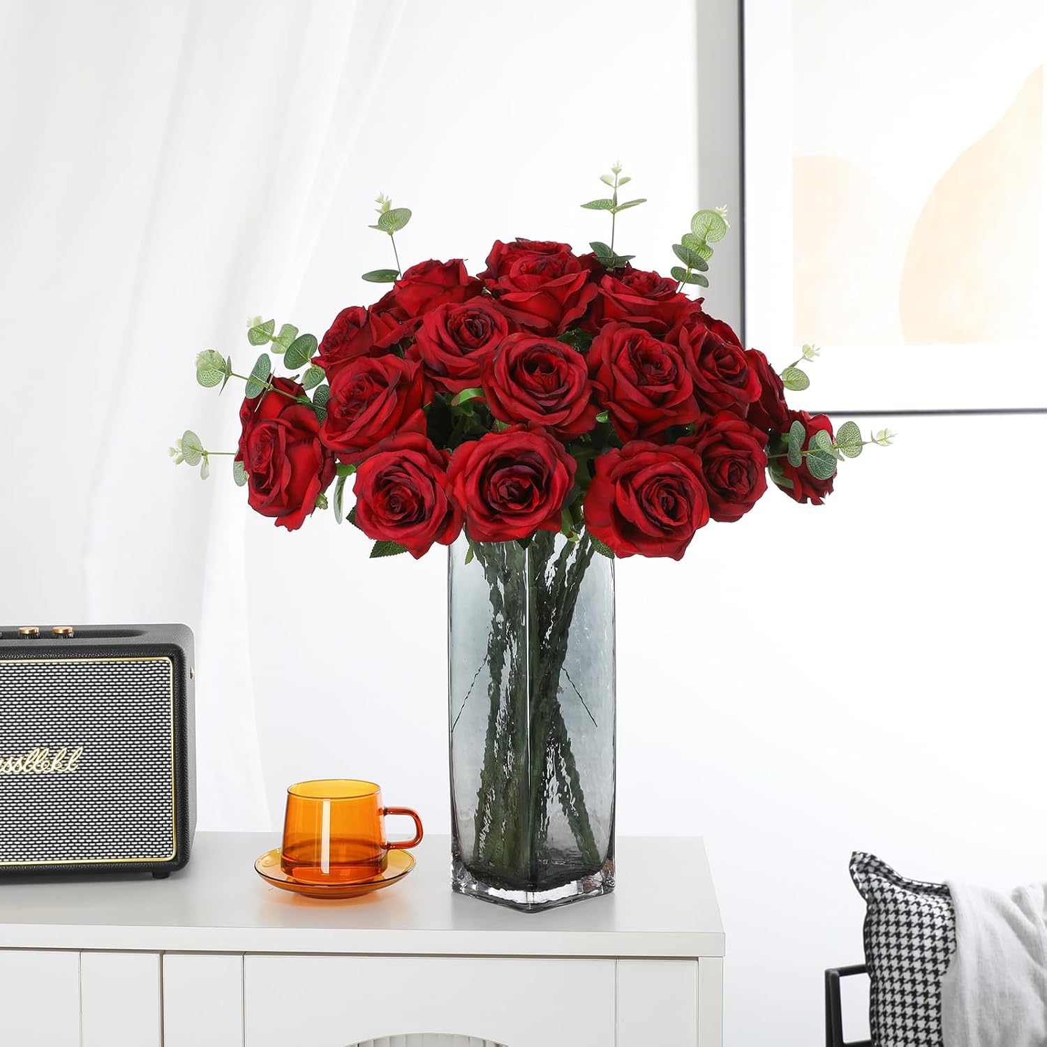 Barleyfield 12Pcs Roses Realistic Long Stem Fake Silk Artificial Flowers Red, 9.92 ounces, Burgundy