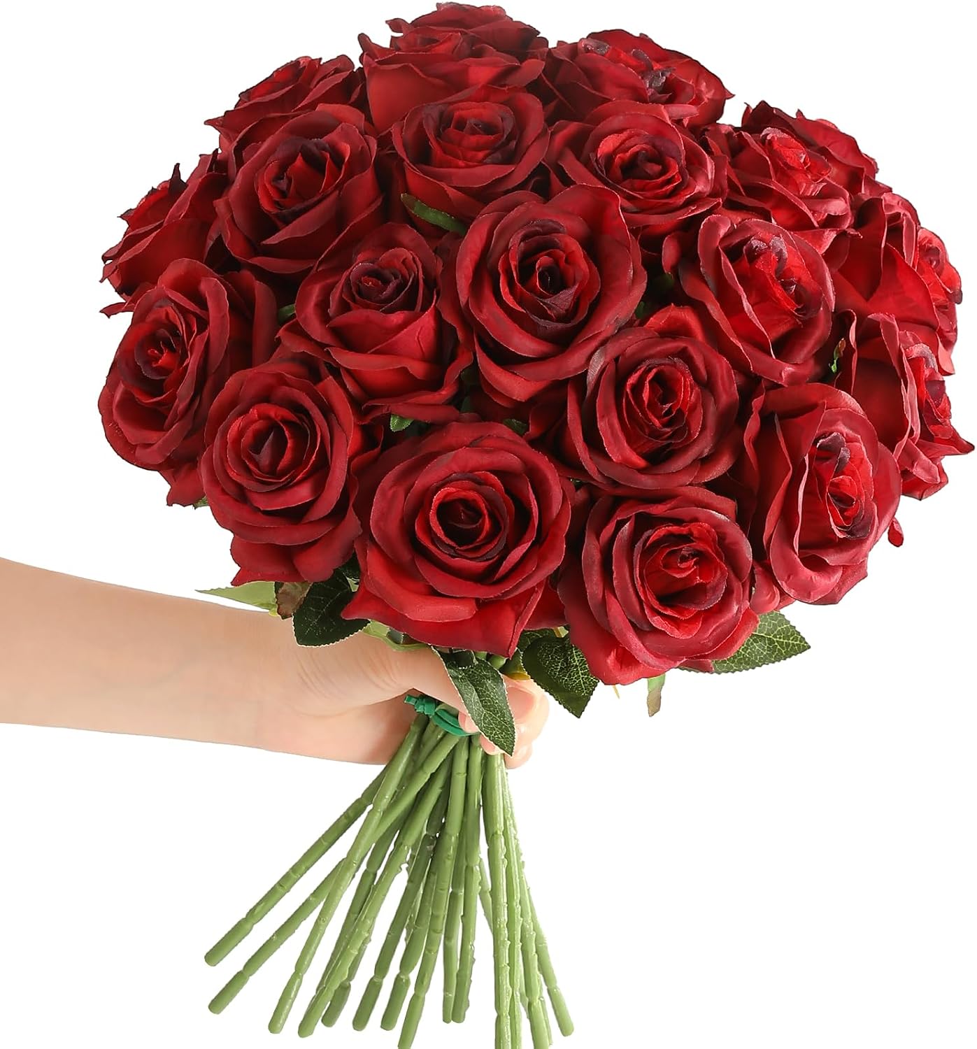 Barleyfield 12Pcs Roses Realistic Long Stem Fake Silk Artificial Flowers Red, 9.92 ounces, Burgundy