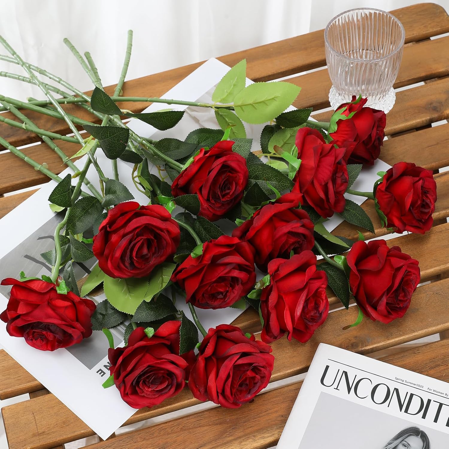 Barleyfield 12Pcs Roses Realistic Long Stem Fake Silk Artificial Flowers Red, 9.92 ounces, Burgundy