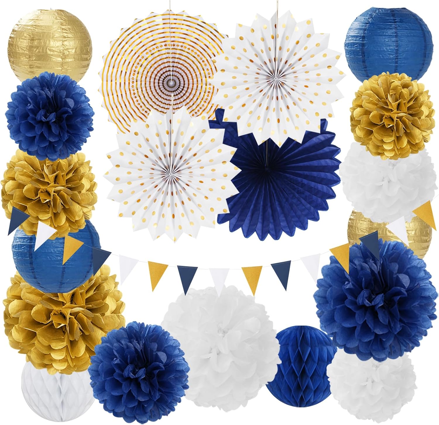 Aldernest Navy-Blue White Gold Party-Decorations - 20pcs Graduation 2026 Paper Lanterns Fans,Tissue Pom Poms,Honeycomb Ball,Birthday Bridal