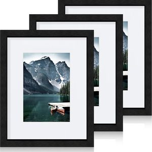 Ashenby 8x10 Picture Frames Set of 3, Real Glass, Black Wood Frame, Mat 5x7, 2 pounds