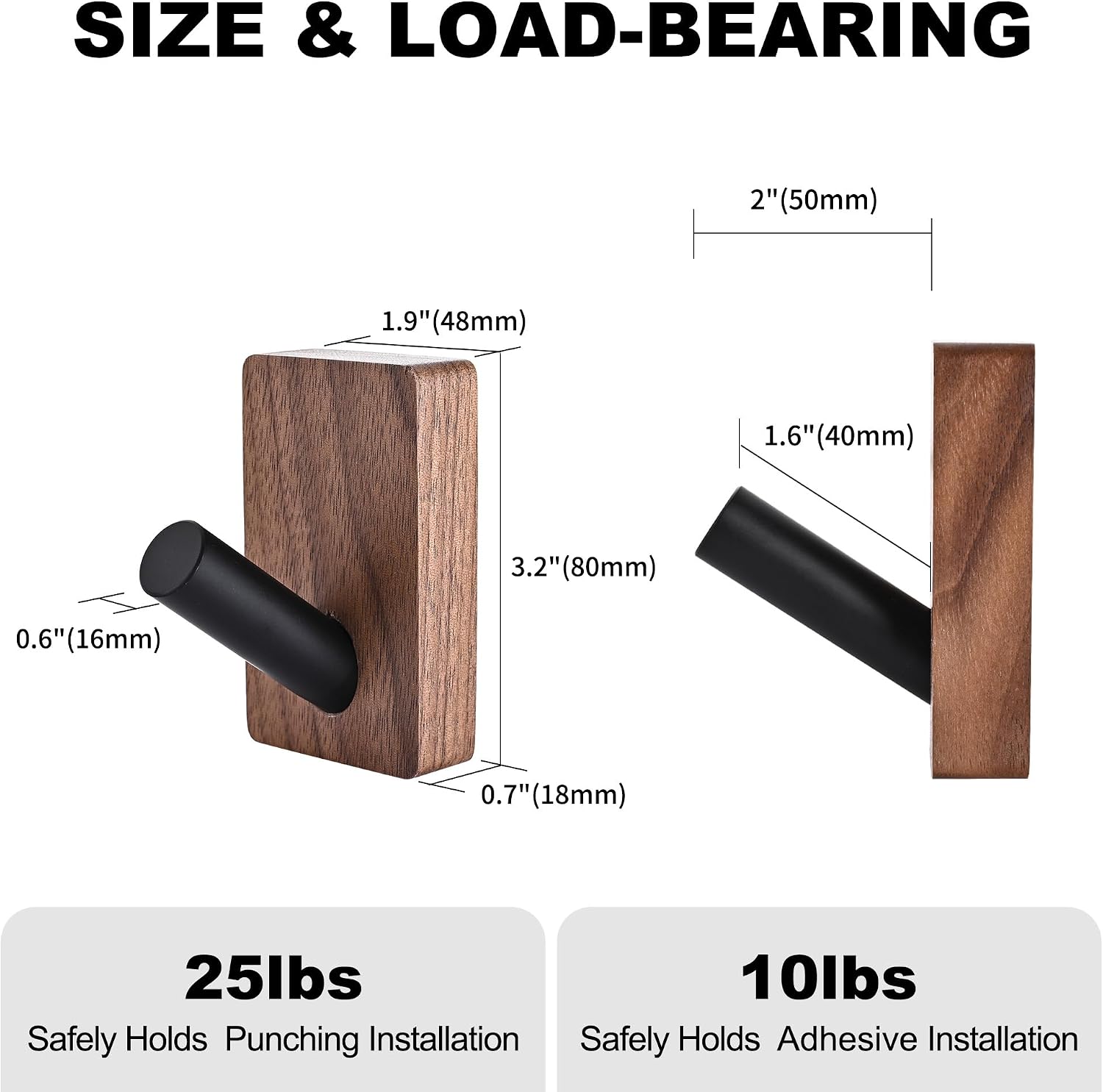 KitchLume 4 Pack Wooden Wall Hooks for Hanging, 12.32 ounces, Black Walnut