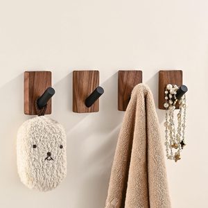 KitchLume 4 Pack Wooden Wall Hooks for Hanging, 12.32 ounces, Black Walnut