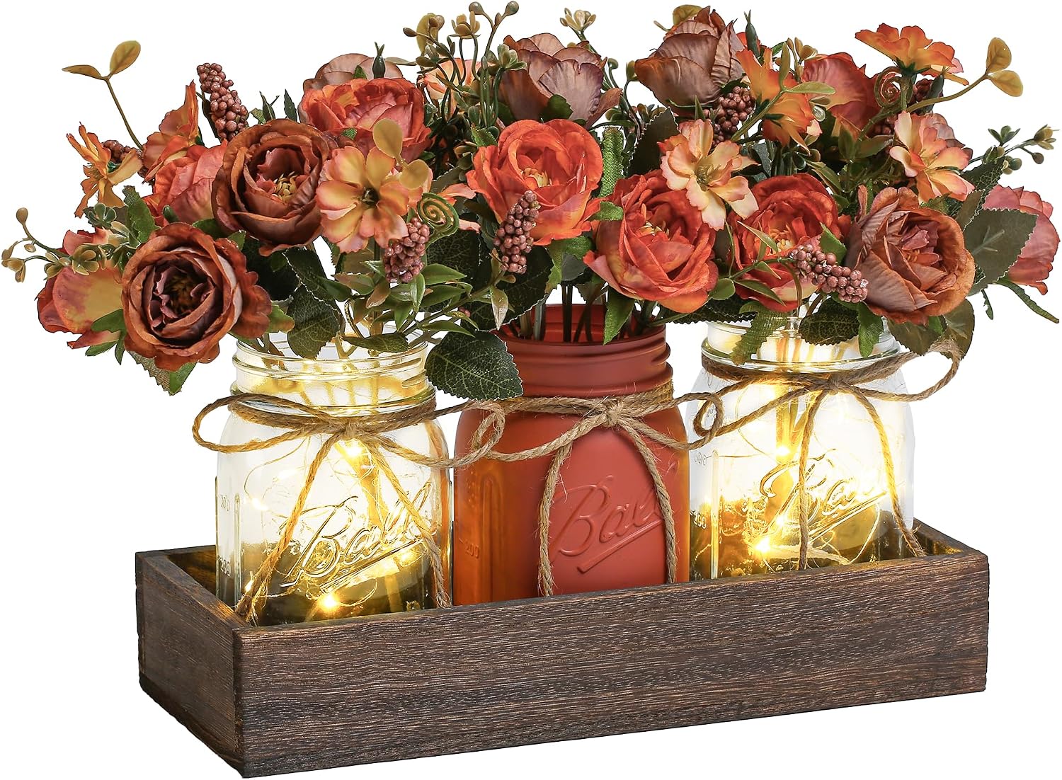 Aldernest 3 Pcs Mason Jar Centerpiece Table Decorations for Dining Table Decor Farmhouse Coffee Table Decor with Wood Tray and Led Light Table