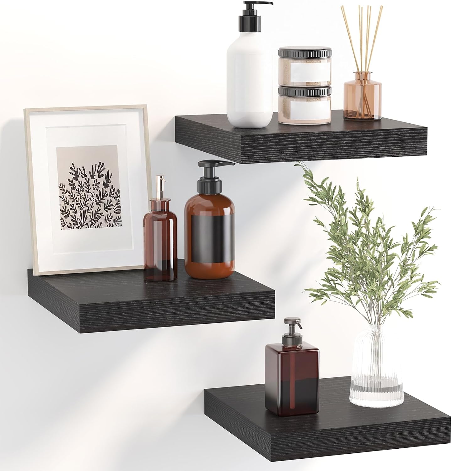 NestlyCo Small Floating Shelves for Wall Decor, Black, Set of 3, 7.8 x 7.8 Inch