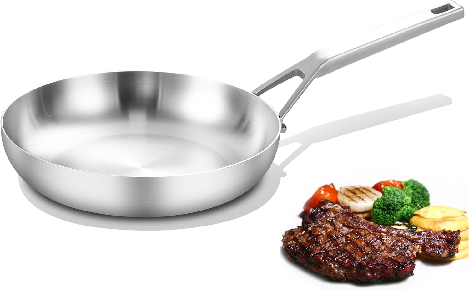 Ashenby Tri-Ply Fully Bonded Stainless Steel 8inch Frying Pan, Omelette Pans, 1.7 pounds, Silver