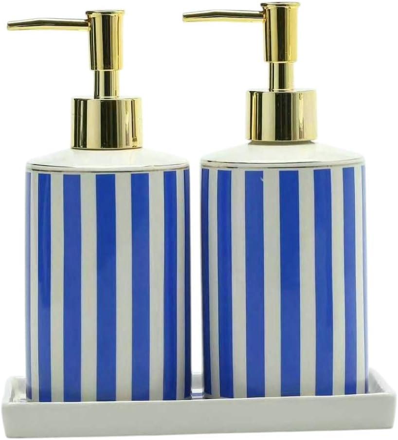 Aldernest Coastal Blue & White Ceramic Soap Dispenser Set with Gold Pump – 3-Piece Bathroom & Kitchen Accessories with Tray