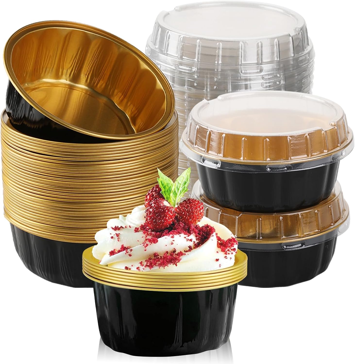 Aldernest 100 Pcs 8 oz Aluminum Foil Cup with Lids Disposable Ramekins with Lids Disposable Ramekin Baking Cups Foil Cupcake Containers for Wedding