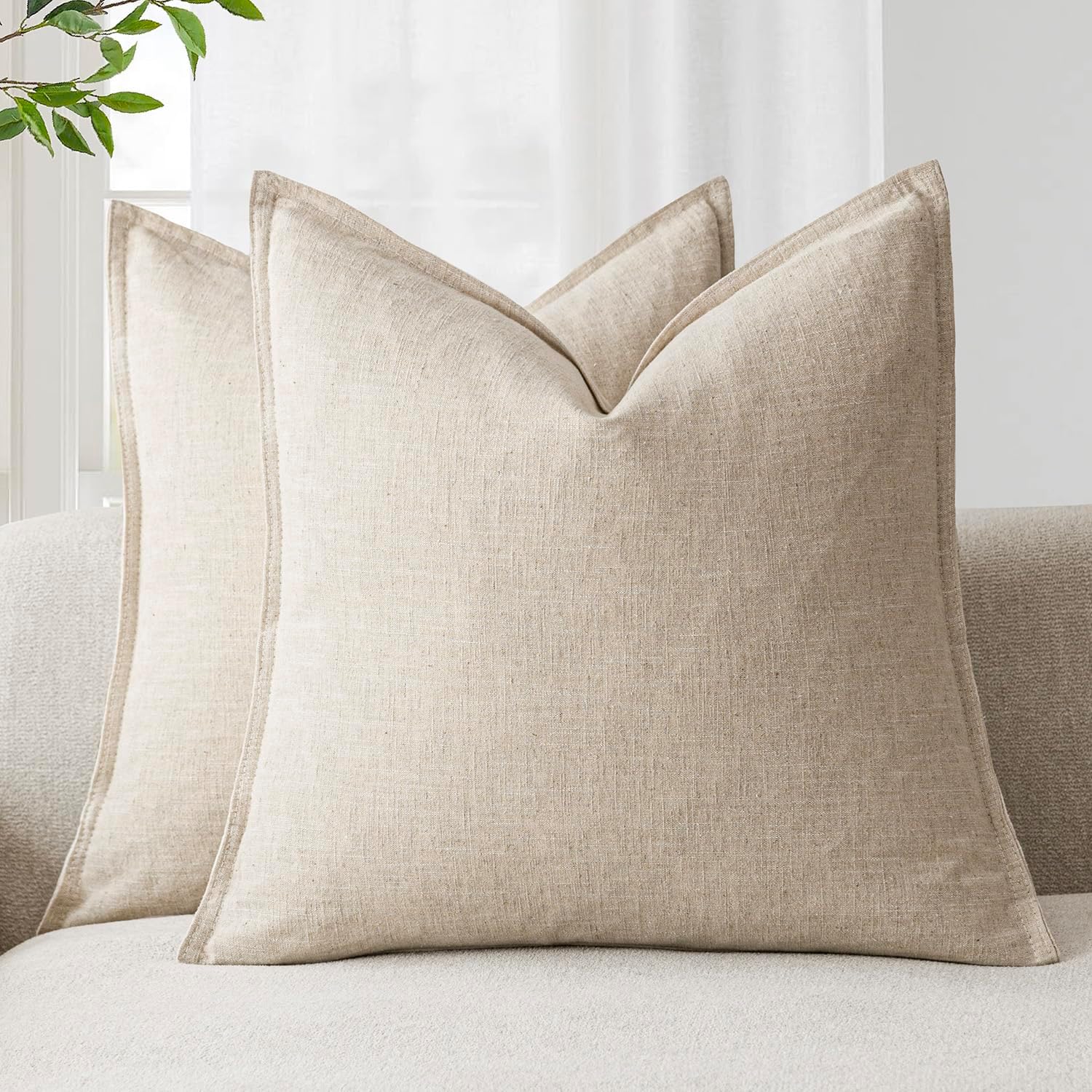 VelloHome Linen Solid Decorative Throw Pillow Covers 20x20 Natural Beige