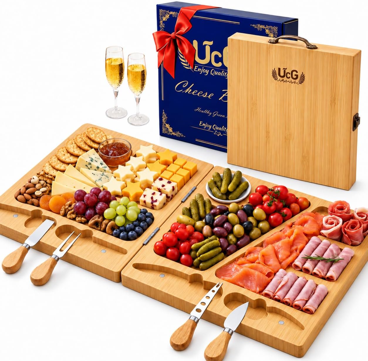 Aldernest Beautiful Gift Bamboo Charcuterie Boards: Folding Easy Storage, Large, 3 pounds, Natural