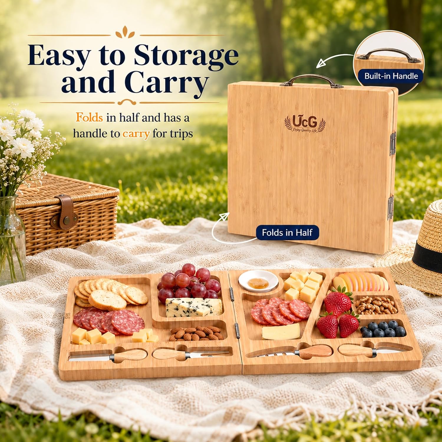 Aldernest Beautiful Gift Bamboo Charcuterie Boards: Folding Easy Storage, Large, 3 pounds, Natural