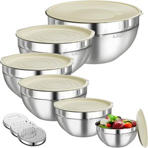 Aldernest Mixing Bowls with Lids Set, 6 PCS Stainless Steel Mixing Bowls with 3 Grater Attachments, 9pack, Khaki