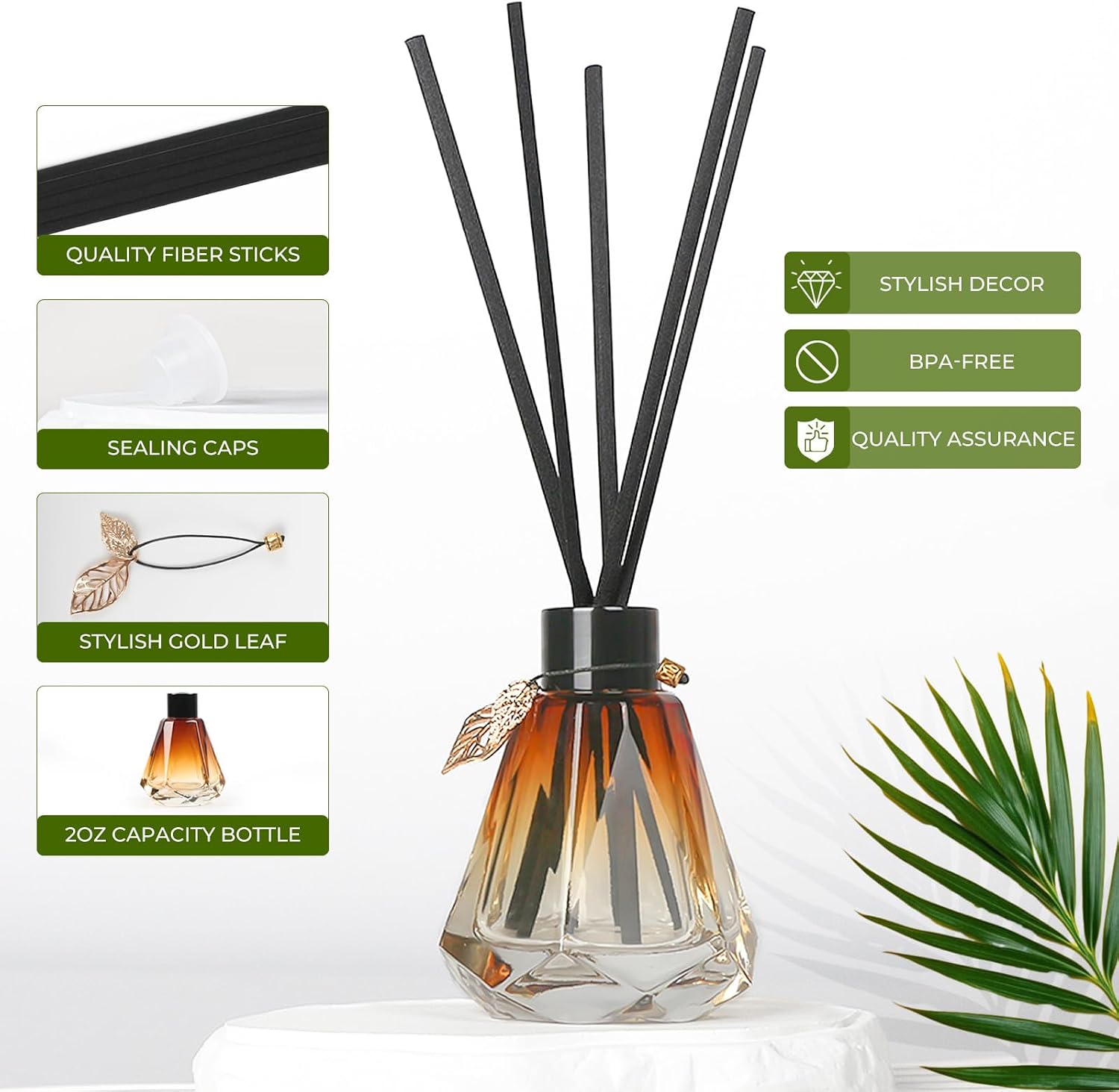 Aldernest Reed Diffuser Set - 4 Empty Bottles with 20 Sticks, Delicate Gold Leaf Decor, 0.88 kg
