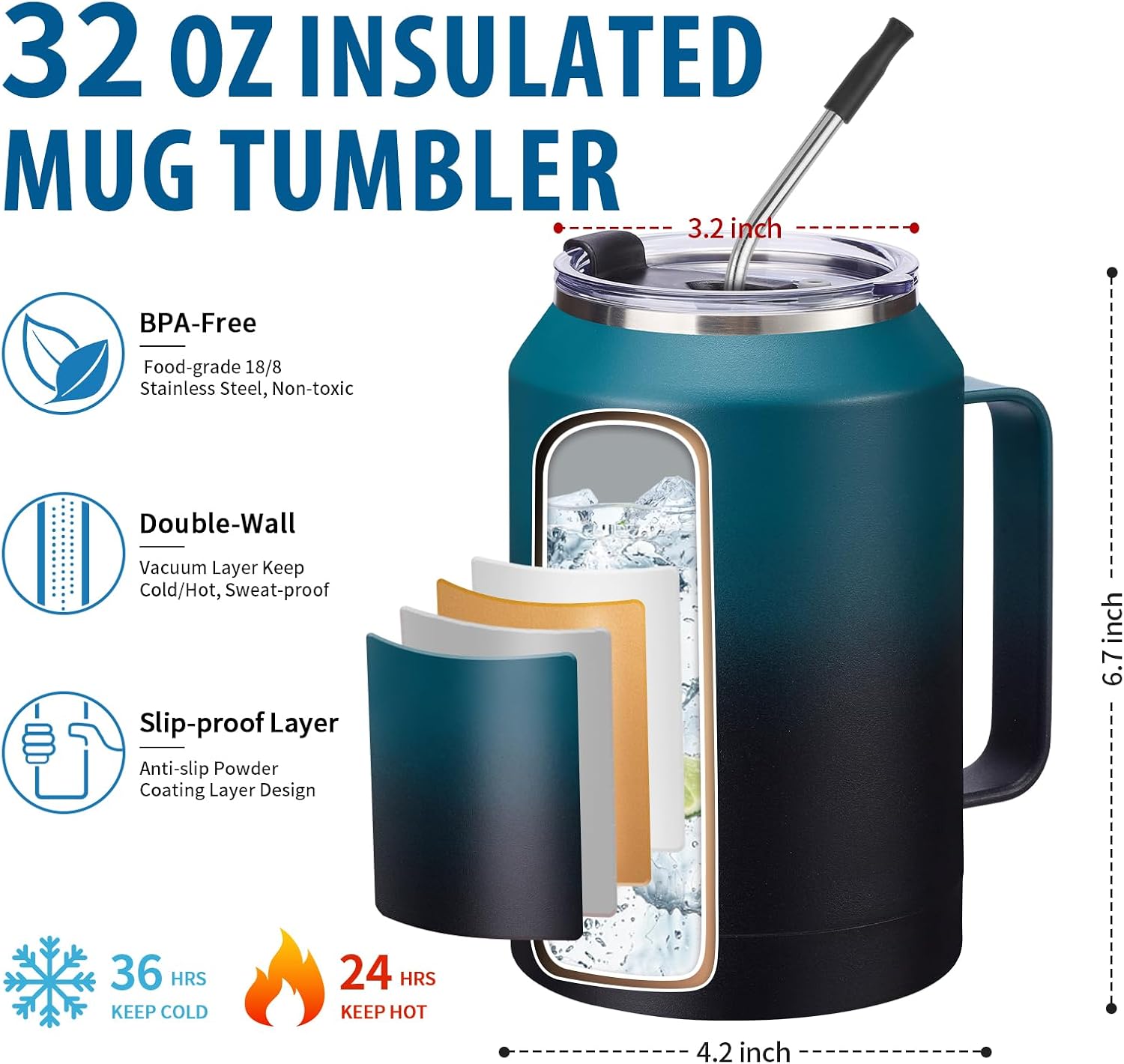 Aldernest 32/50oz Mug Tumbler with Handle and Straw - 32 oz Stainless Steel Wide Mouth Travel Coffee Cups w/ Lid, Reusable Home Office Work Mugs