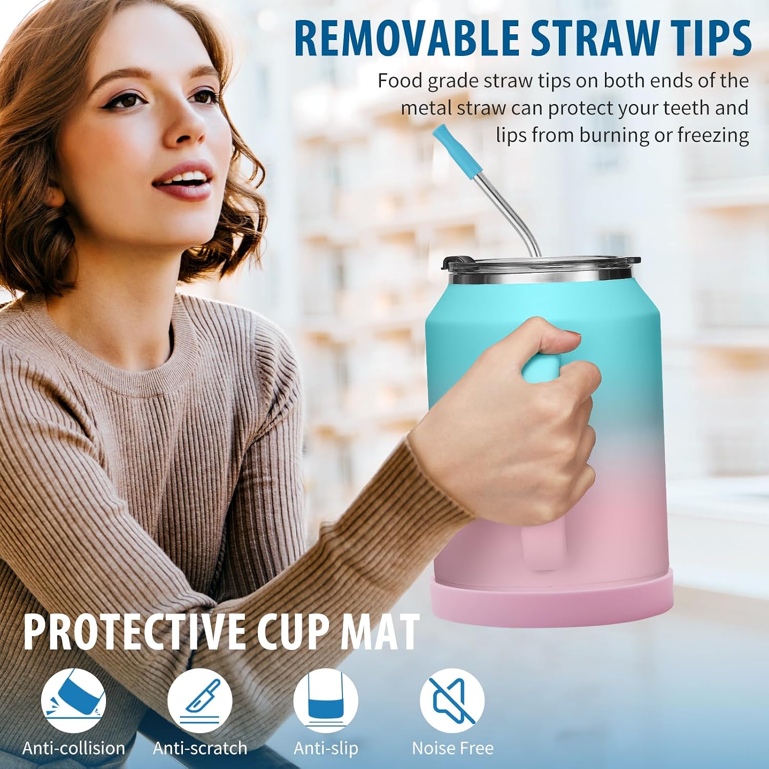 Aldernest 32/50oz Mug Tumbler with Handle and Straw - 32 oz Stainless Steel Wide Mouth Travel Coffee Cups w/ Lid, Reusable Home Office Work Mugs
