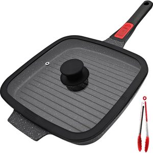 Barleyfield Griddle Pan with Lid, 10 Inch Cast Aluminium Non Stick Grill Pan with Detachable Handle for Induction Hob, 1.6 kg, Black
