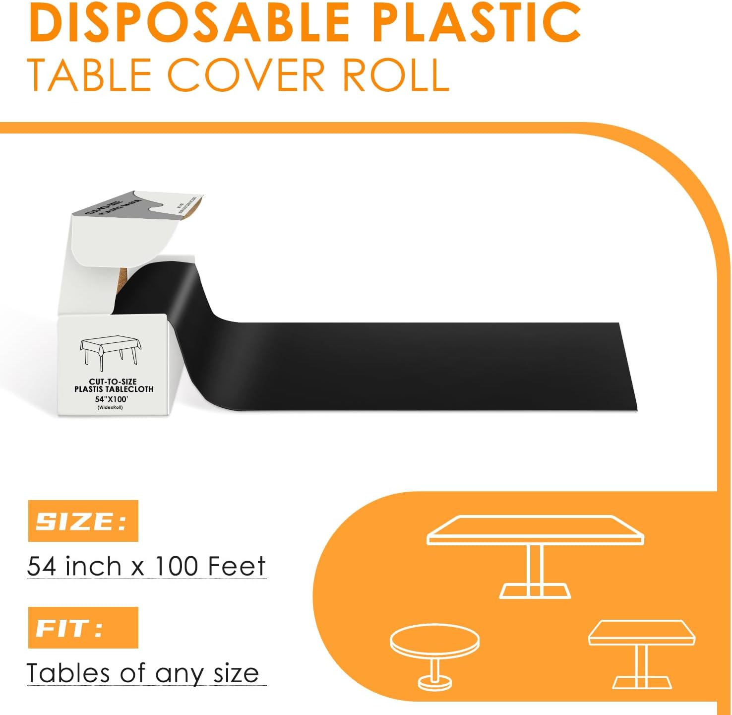 Ashenby Black Disposable Plastic Table Cloth Roll 54" X 100', 1.24 kg, 1200" x 54" (Rectangular)