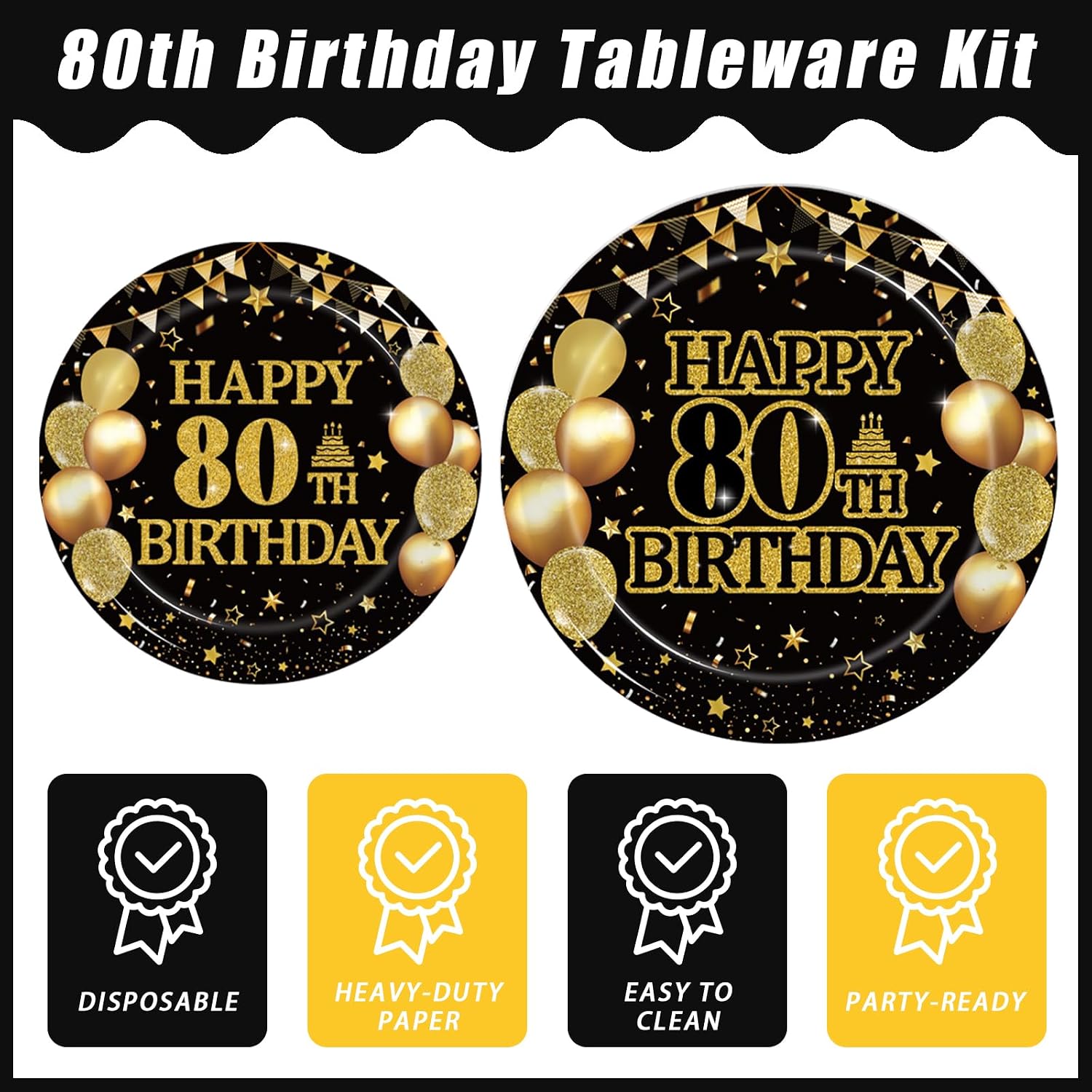 Aldernest 96 Pcs 80th Birthday Plates and Napkins, Black Gold, Serves 24, 1.2 pounds, Black, Gold