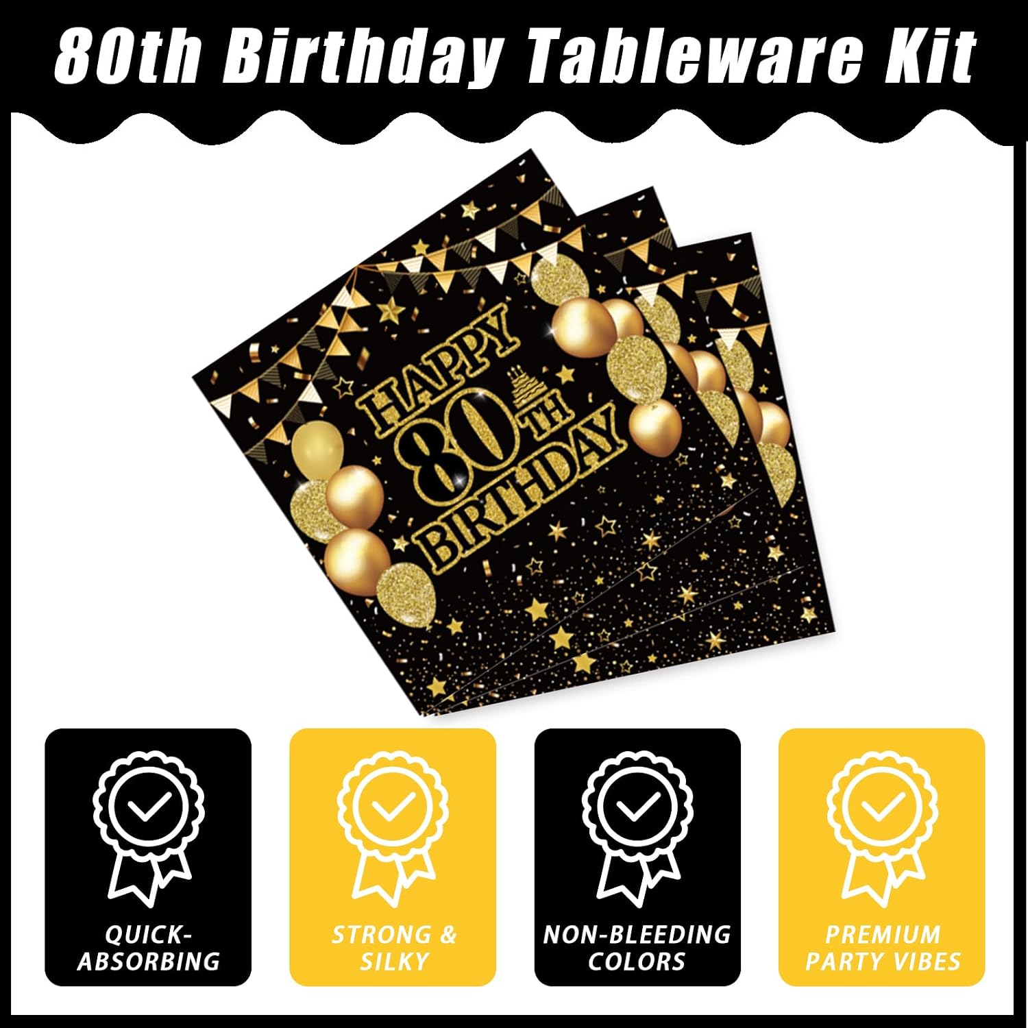 Aldernest 96 Pcs 80th Birthday Plates and Napkins, Black Gold, Serves 24, 1.2 pounds, Black, Gold