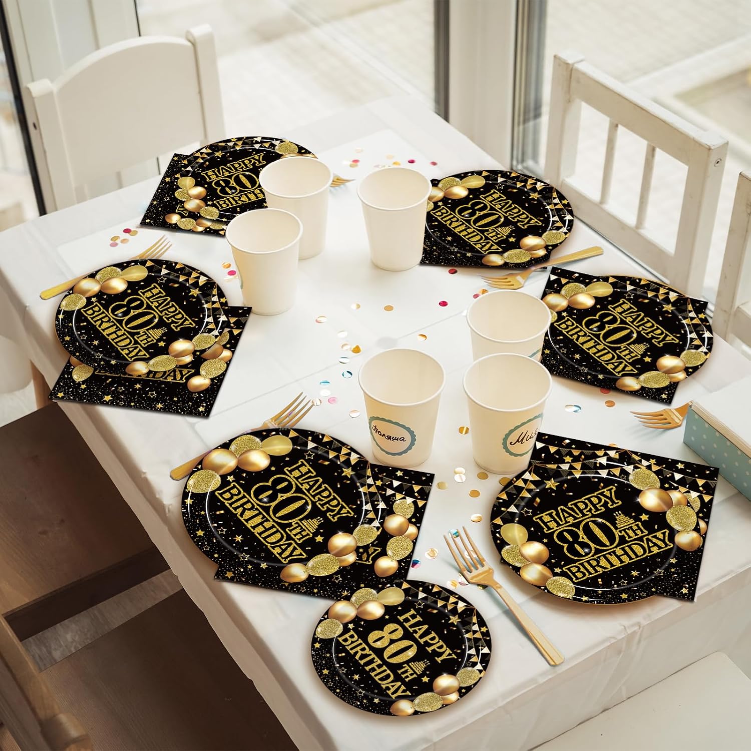 Aldernest 96 Pcs 80th Birthday Plates and Napkins, Black Gold, Serves 24, 1.2 pounds, Black, Gold