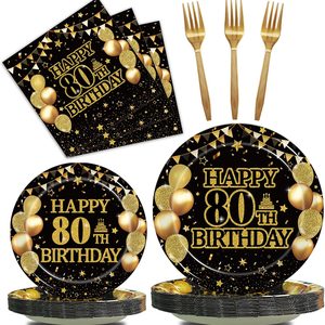 Aldernest 96 Pcs 80th Birthday Plates and Napkins, Black Gold, Serves 24, 1.2 pounds, Black, Gold