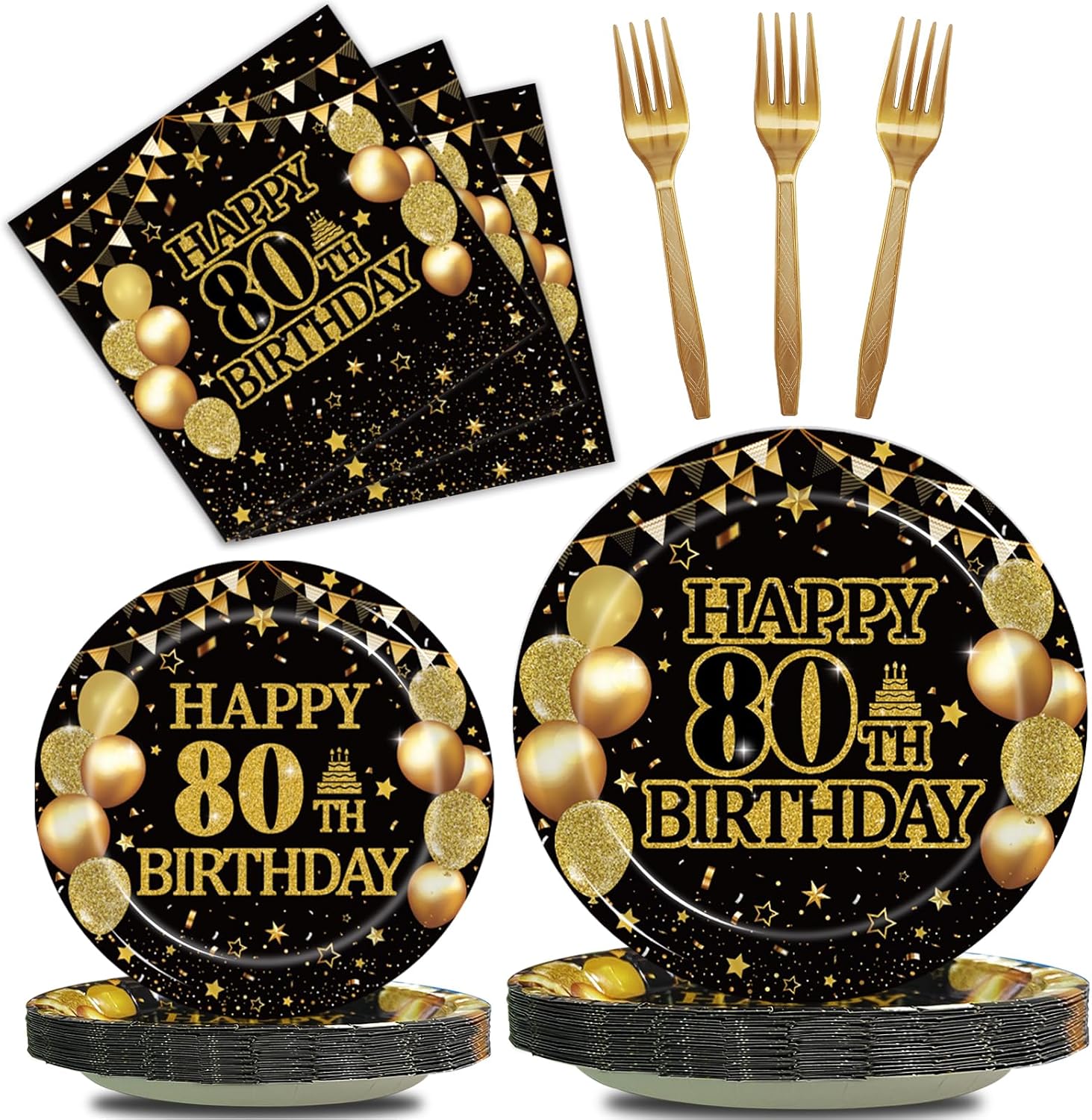 Aldernest 96 Pcs 80th Birthday Plates and Napkins, Black Gold, Serves 24, 1.2 pounds, Black, Gold