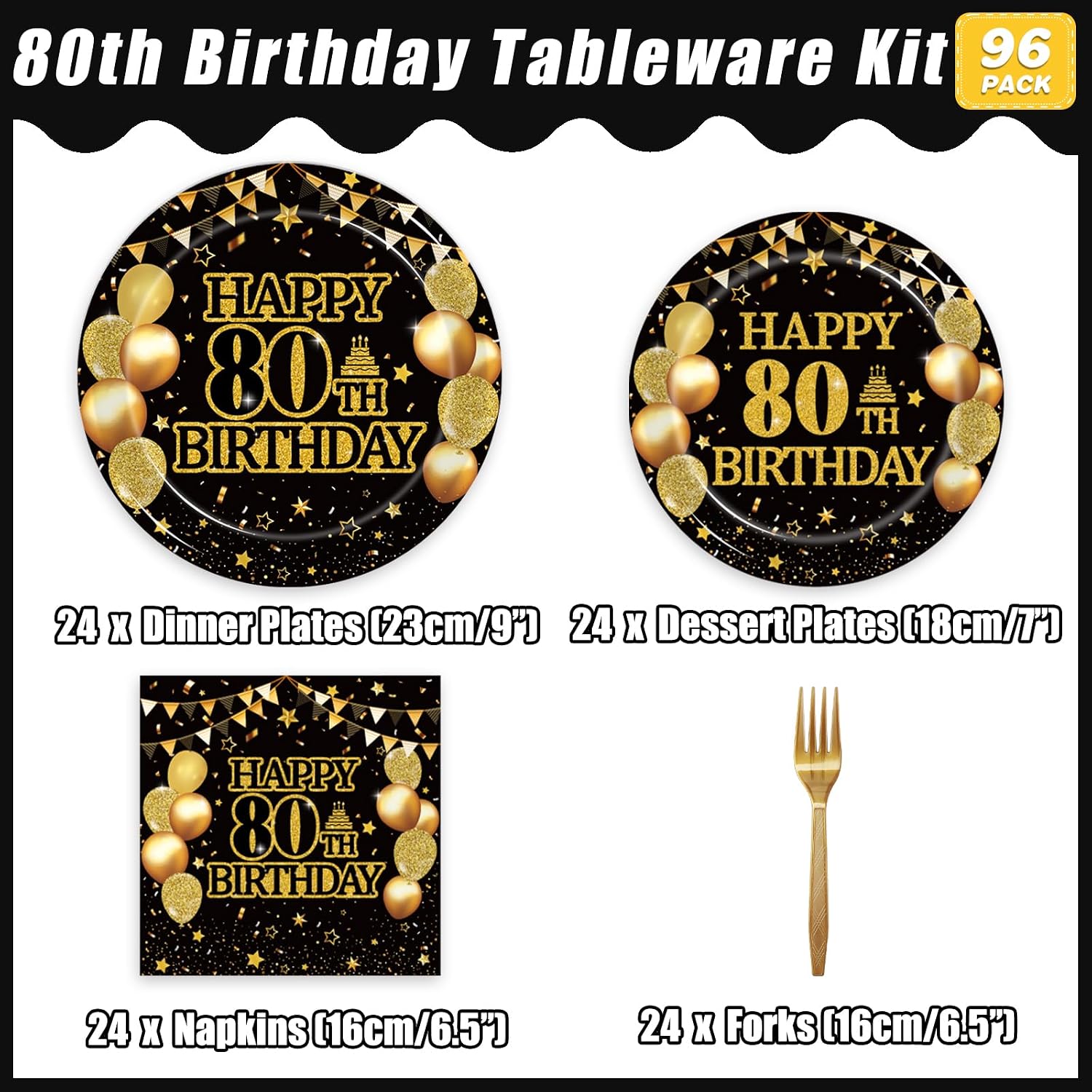 Aldernest 96 Pcs 80th Birthday Plates and Napkins, Black Gold, Serves 24, 1.2 pounds, Black, Gold
