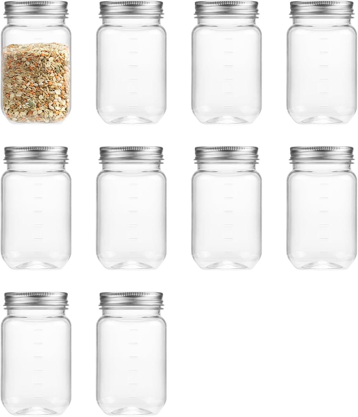 VelloHome 16 Ounce Clear Plastic Mason Jars With Screw On Lid, Silver-10 Pack, 0.8 kg, 2.8 inches (L) x 2.8 inches (W) x 5.3 inches (H)