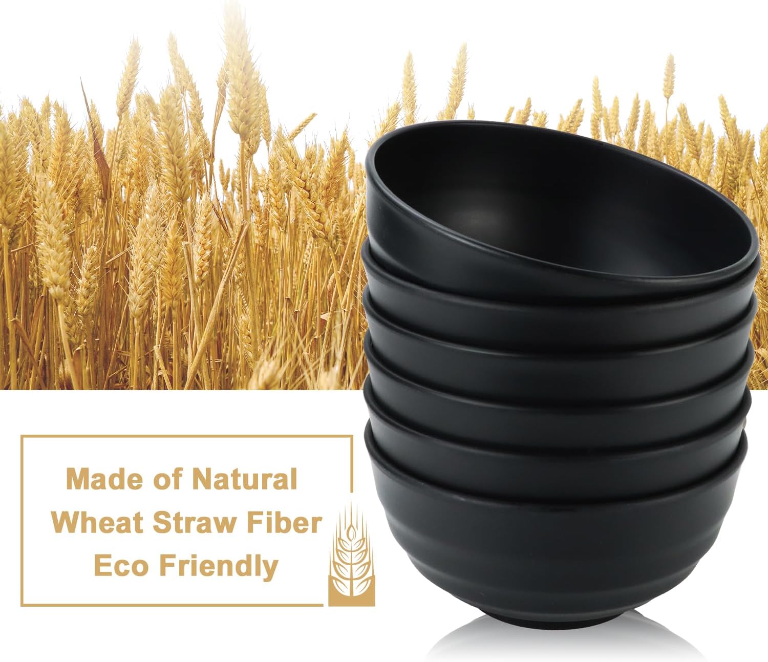 Ashenby 60oz Wheat Straw Bowls, Large Salad Bowls Set of 6, Black